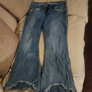 POL Blue Flare Wide Leg Jeans with Distressed Hem